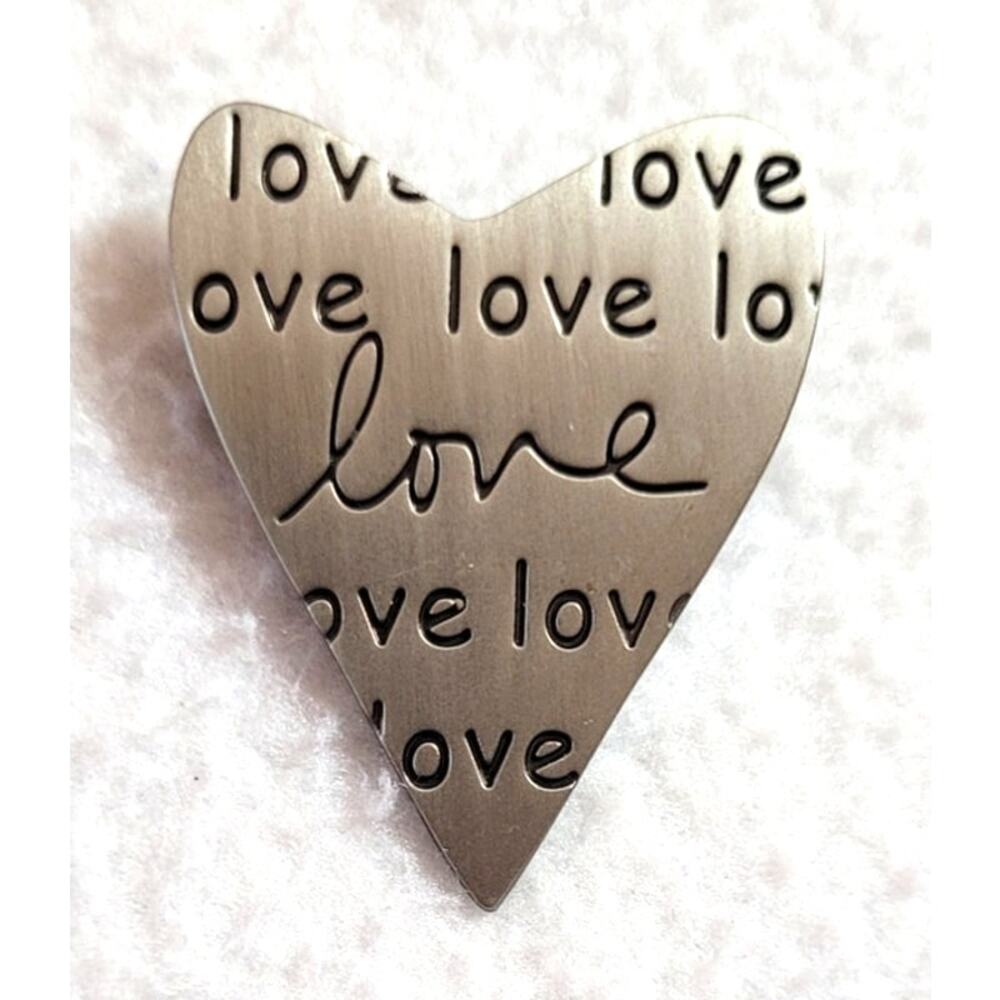Sandra Magsamen's Love Silvertone Heart Brooch Pin 1.5" Boho Statement Y2K Retro